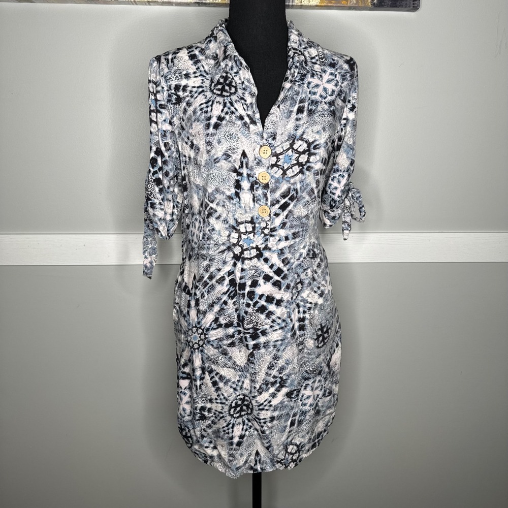 J. Gee Women Blue Black Tie Dye Snakeskin Print Button Tunic Dress Size Medium